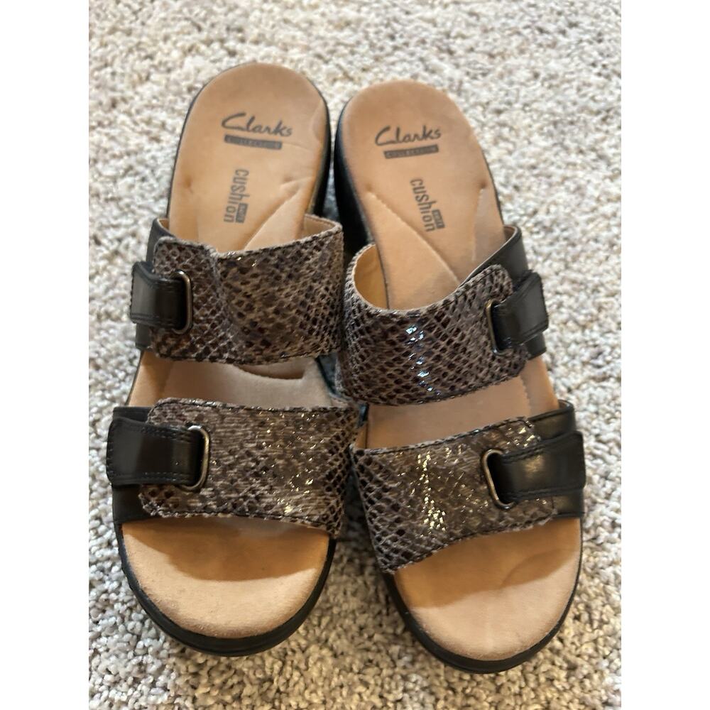 Clarks Black Snakeskin Leather Slip On Comfort Wedge Sandals Delana Fenela 6.5M